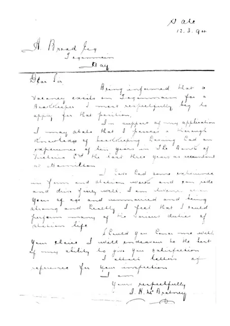 Jack McBratney's letter of application, 12 March 1894