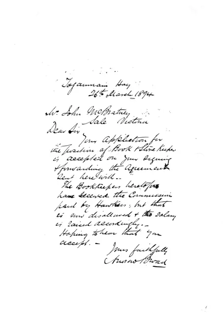 Andrew Broad's letter of acceptance, 26 March 1894
