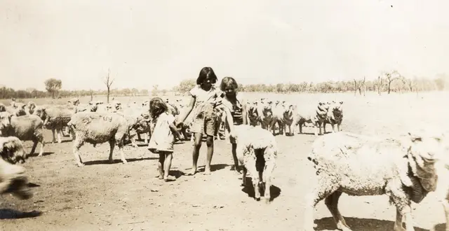 Unidentified children walking through a mob of sheep during the drought, 1937-38