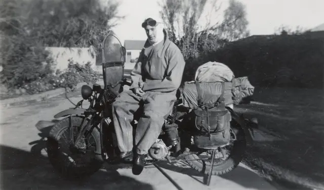Bill McBratney setting off by motorbike for Queensland, October 1948