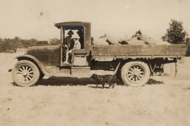 John Jnr, Arn and John Snr McBratney in an old station truck, 1931