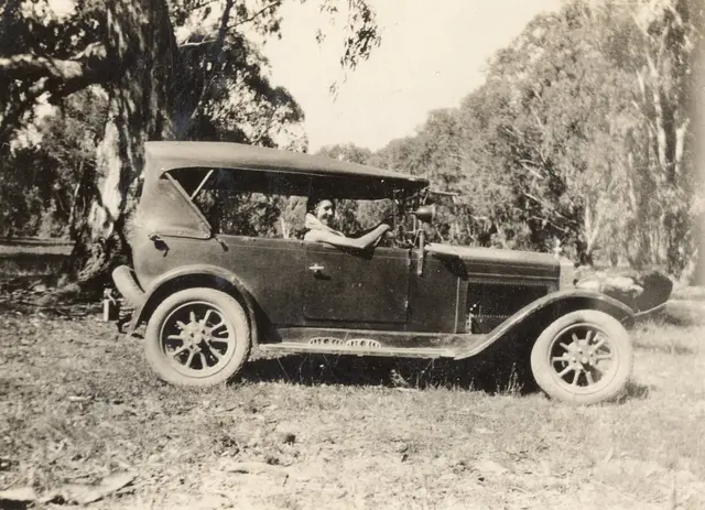 Arn McBratney in the old Fiat, 1935
