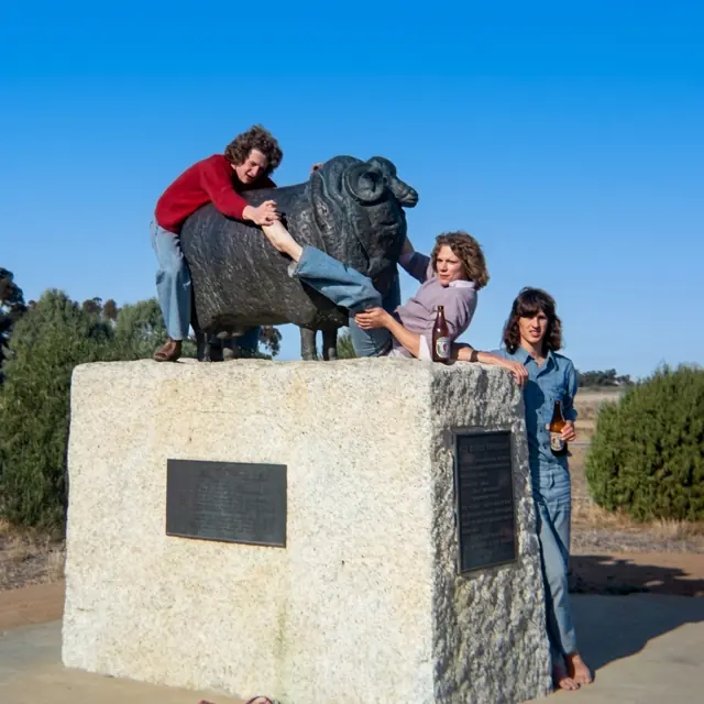Micheal Morwood, Ross Grimmer and Don McGregor at the Wanganella Ram statue