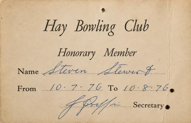 Hay Bowling Club honorary membership card