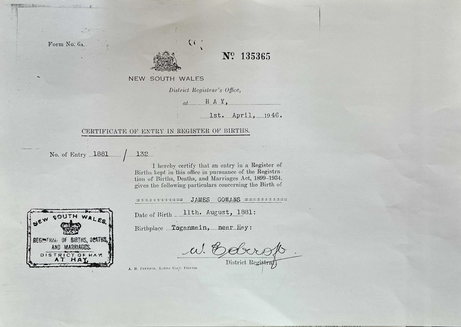 Certificate of entry in the register of births for James Gowans, born 11 August 1881 at Toganmain, near Hay
